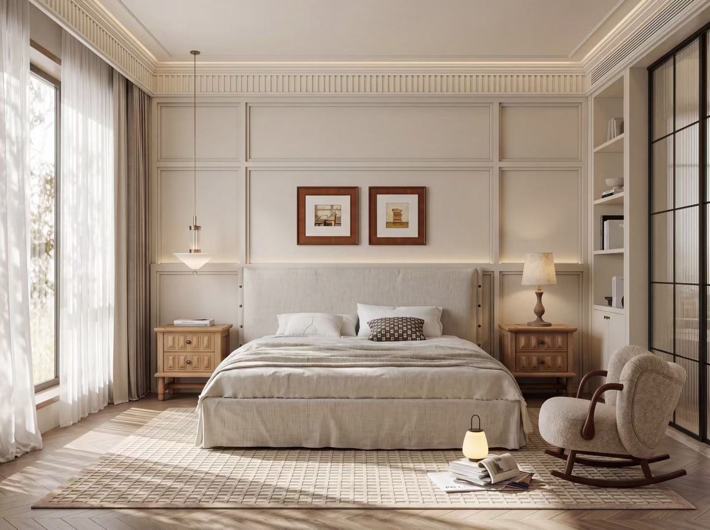 Chambre Projet Lumière — boiseries claires et lit en lin