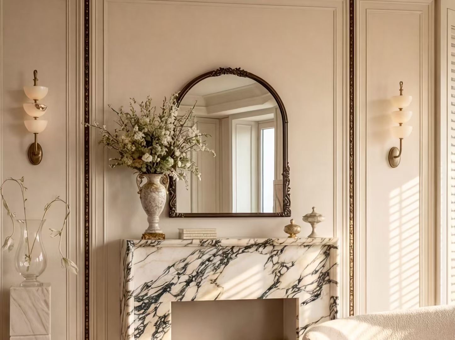Détail cheminée marbre veiné et miroir arche du Projet Atelier