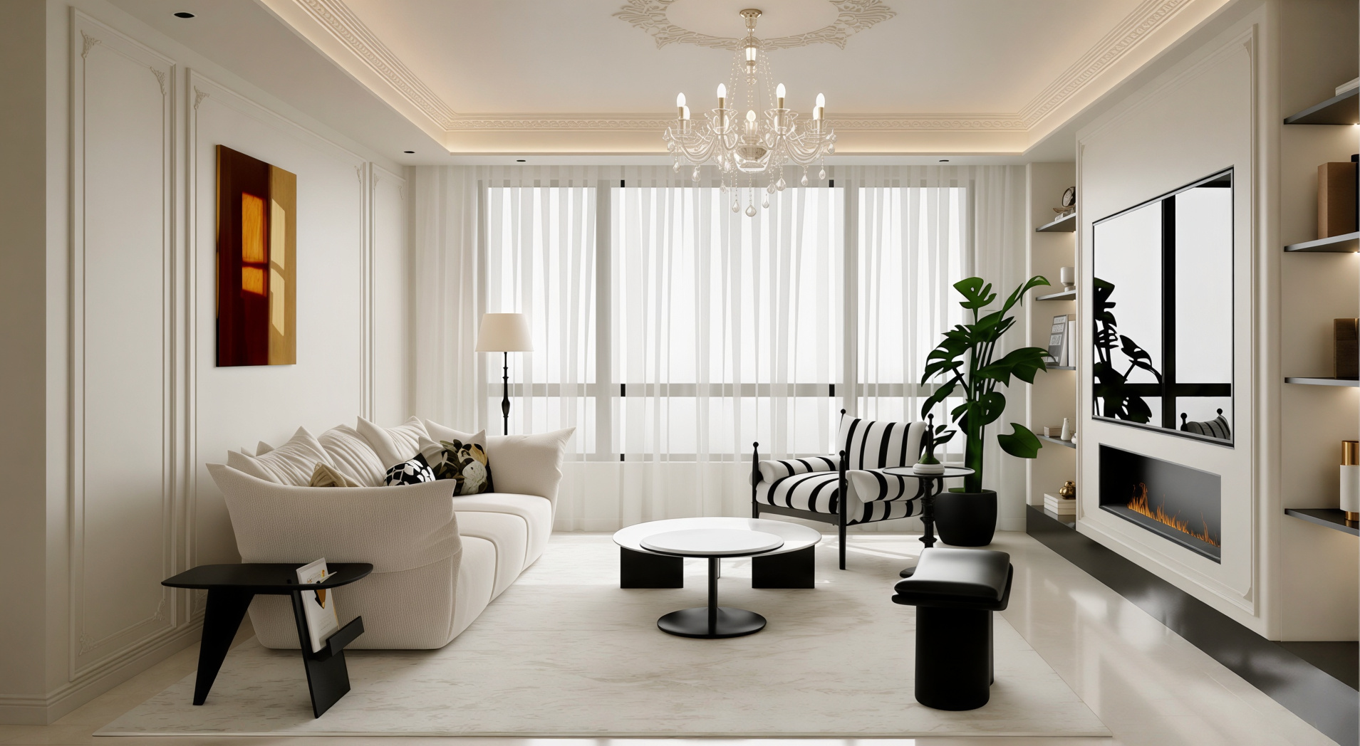 Projet Prestige — salon classique contemporain avec lustre en cristal