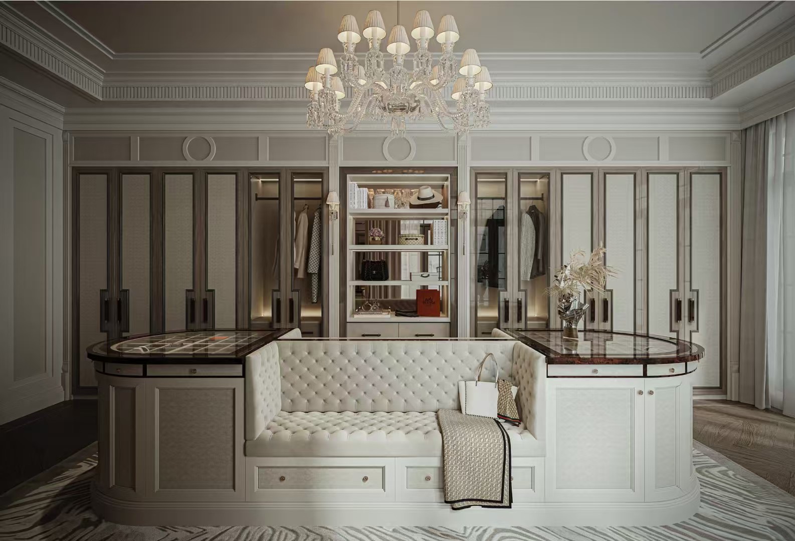 Dressing Projet Palais — îlot capitonné et lustre en cristal