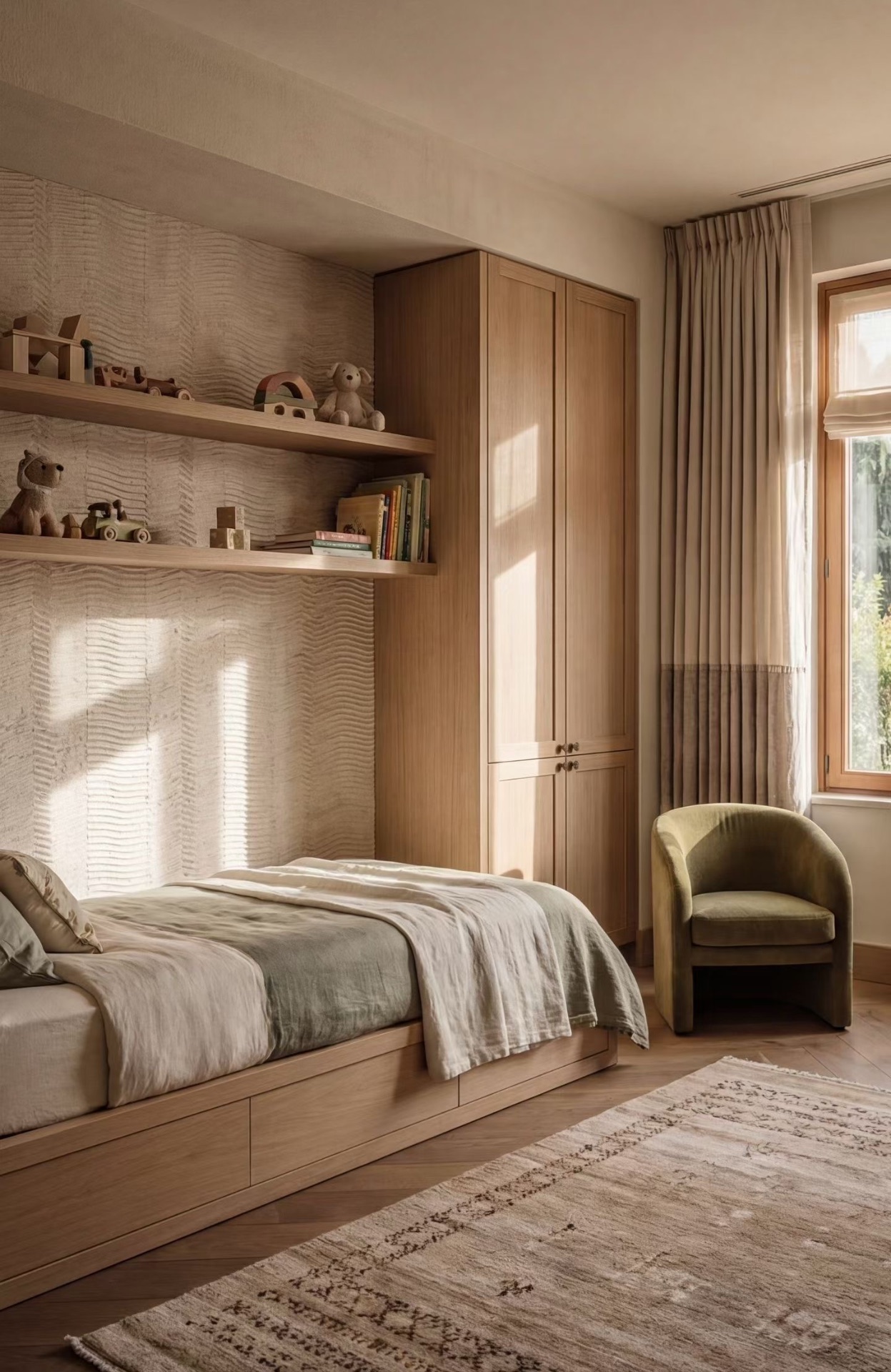 Chambre d'enfant du Projet Rivage, mobilier bois et fauteuil velours olive