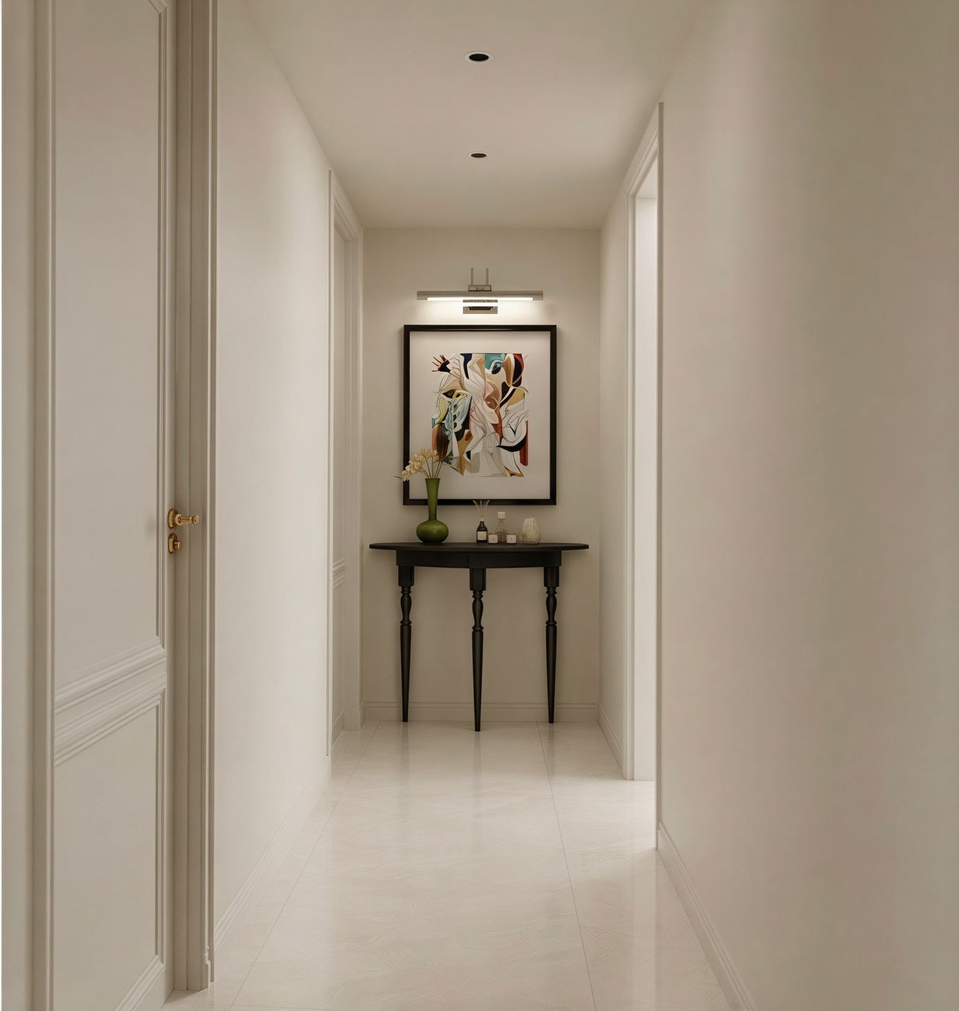 Couloir et circulation du Projet Prestige, console noire et œuvre encadrée