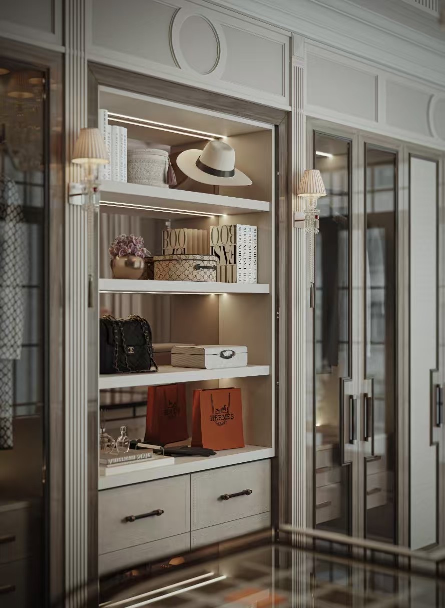 Vitrine dressing Projet Palais — éclairage intégré sur étagères