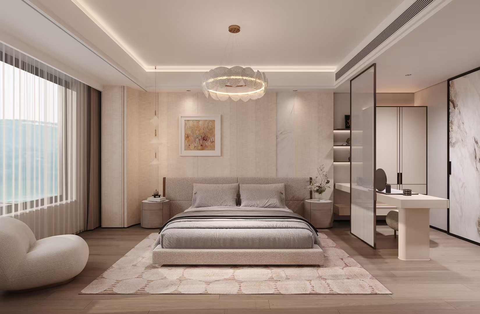 Chambre parentale du Projet Signature, tête de lit bouclette et coiffeuse vitrée