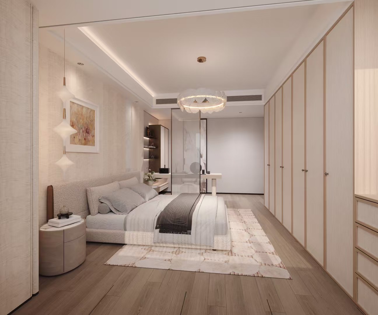 Détails décoratifs de la chambre du Projet Signature, suspensions opalines et dressing intégré