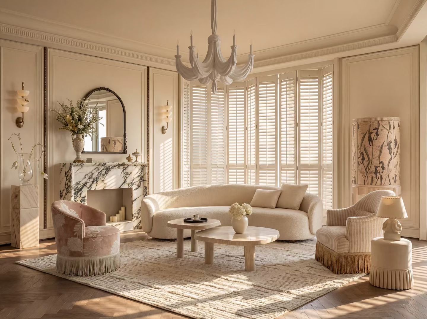 Projet Atelier — salon haussmannien avec cheminée en marbre veiné