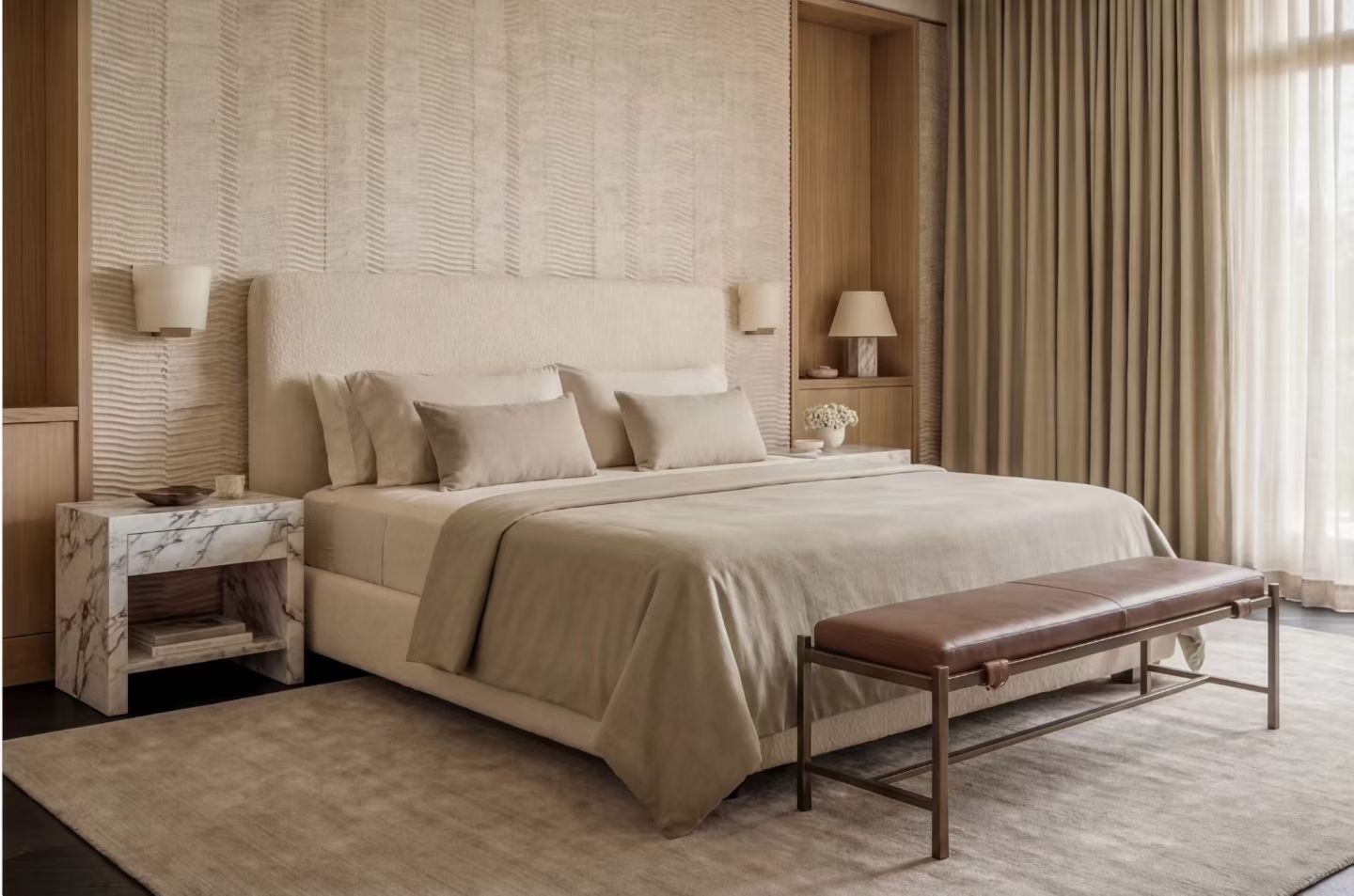 Chambre parentale du Projet Rivage, tête de lit bouclette et chevet marbre