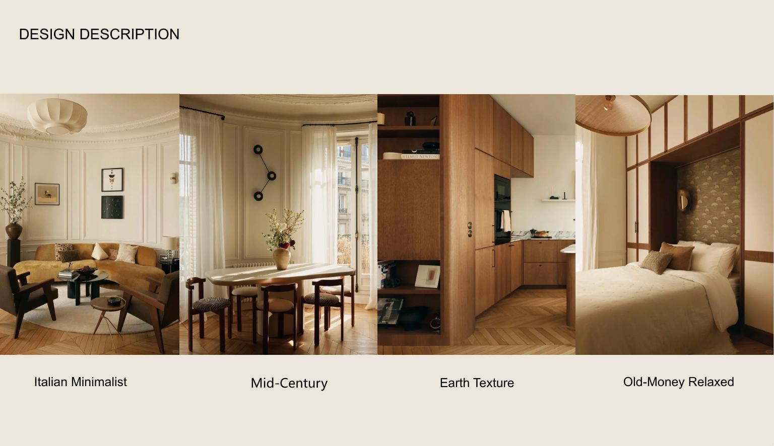 Moodboard — rendu 3D salon, canapé bouclette et bibliothèque bois